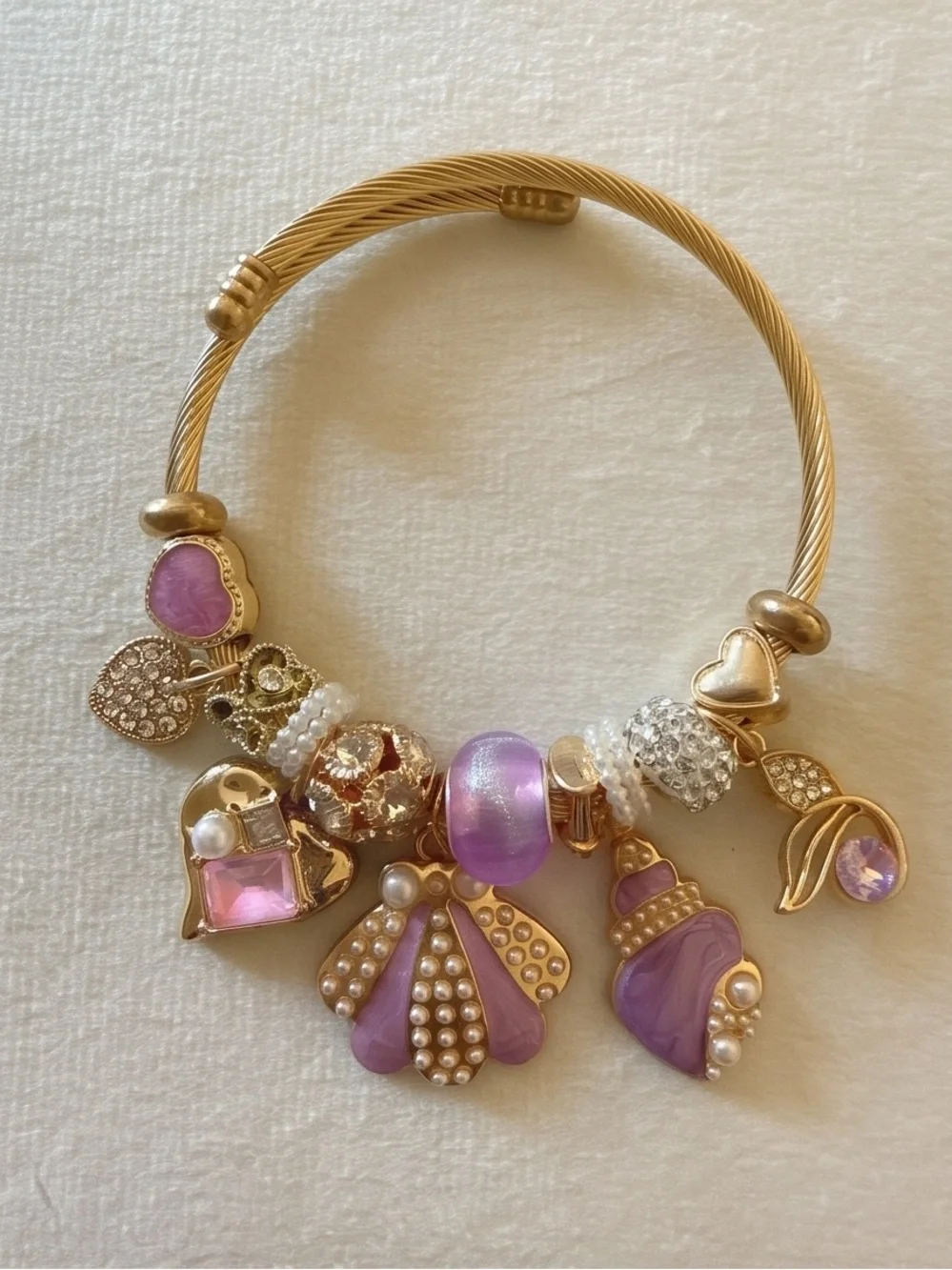 Gold & Purple Coastal Charm Bangle Bracelet